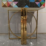 Tall Four-Door Sideboard with Multicolor Faceted Geometric Panels Nine Internal Drawers and Gold-Tone High-Gloss Stainless Steel Circular Base